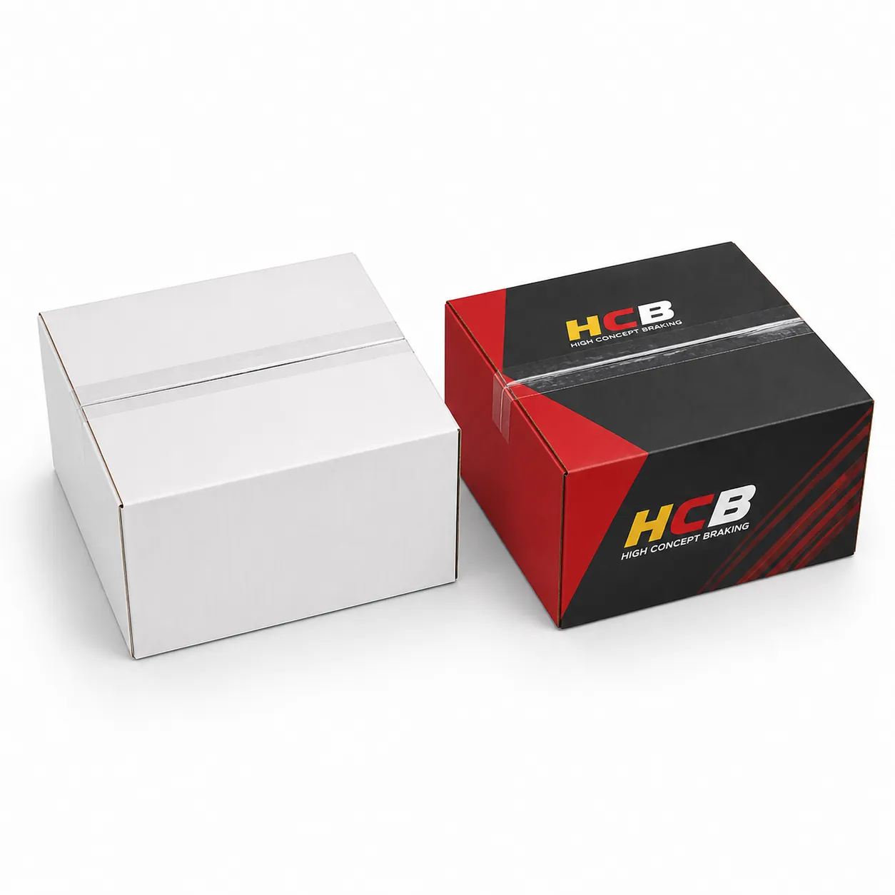 Vertical black and orange brake pad packaging boxes with high-quality custom printing and branding. class=